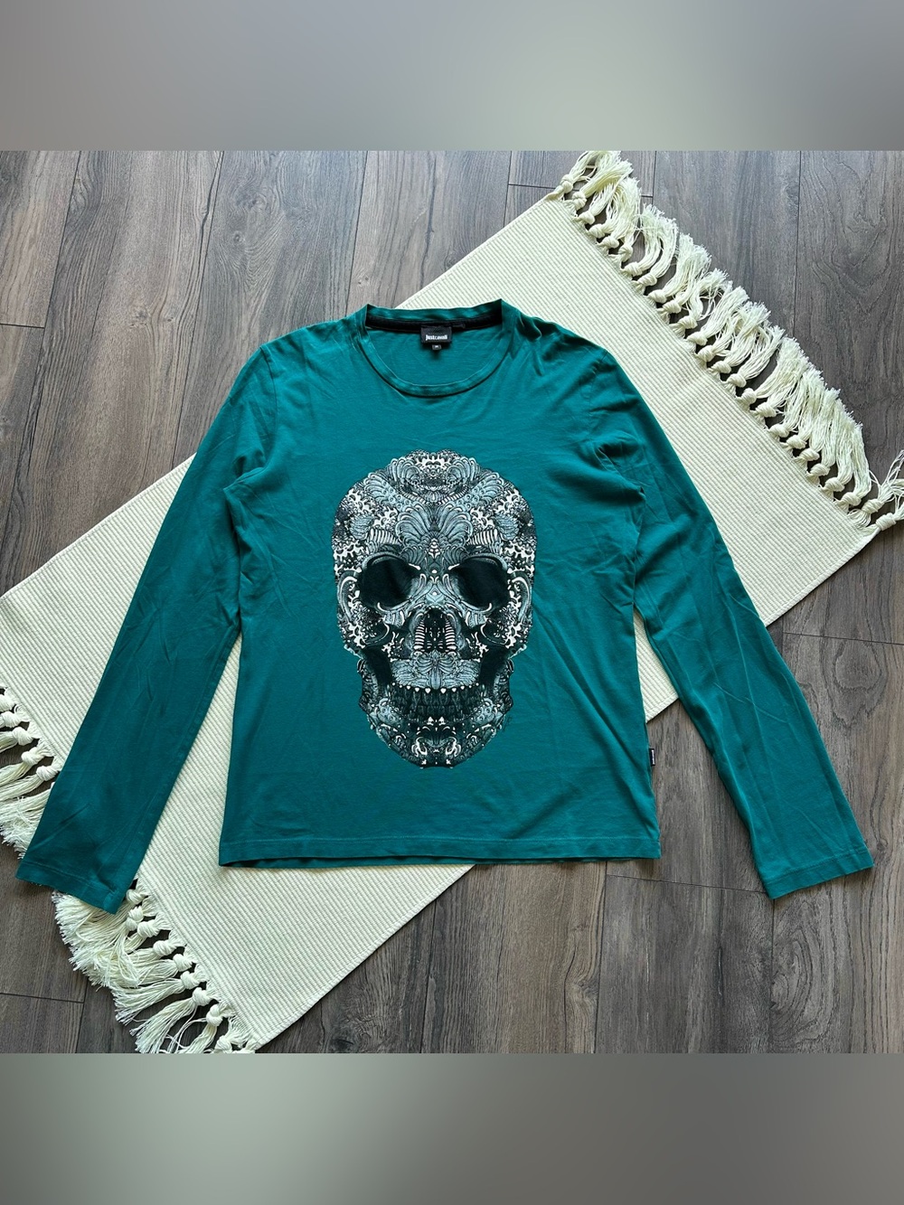 Just Cavalli Teal Green Skull Graphic Long-Sleeve T-Shirt